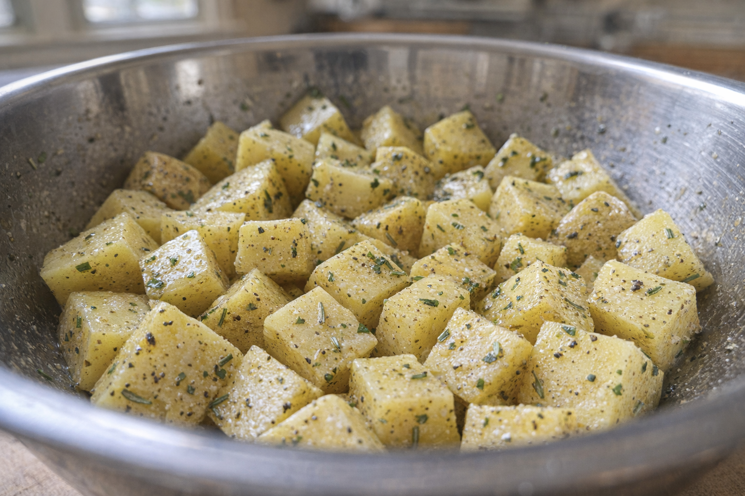 Close-up shot of raw Yukon Gold potatoes, diced into 1-inch cubes, tossed in olive oil, salt, pepper, and herbs in a stainless steel bowl, bright kitchen lighting